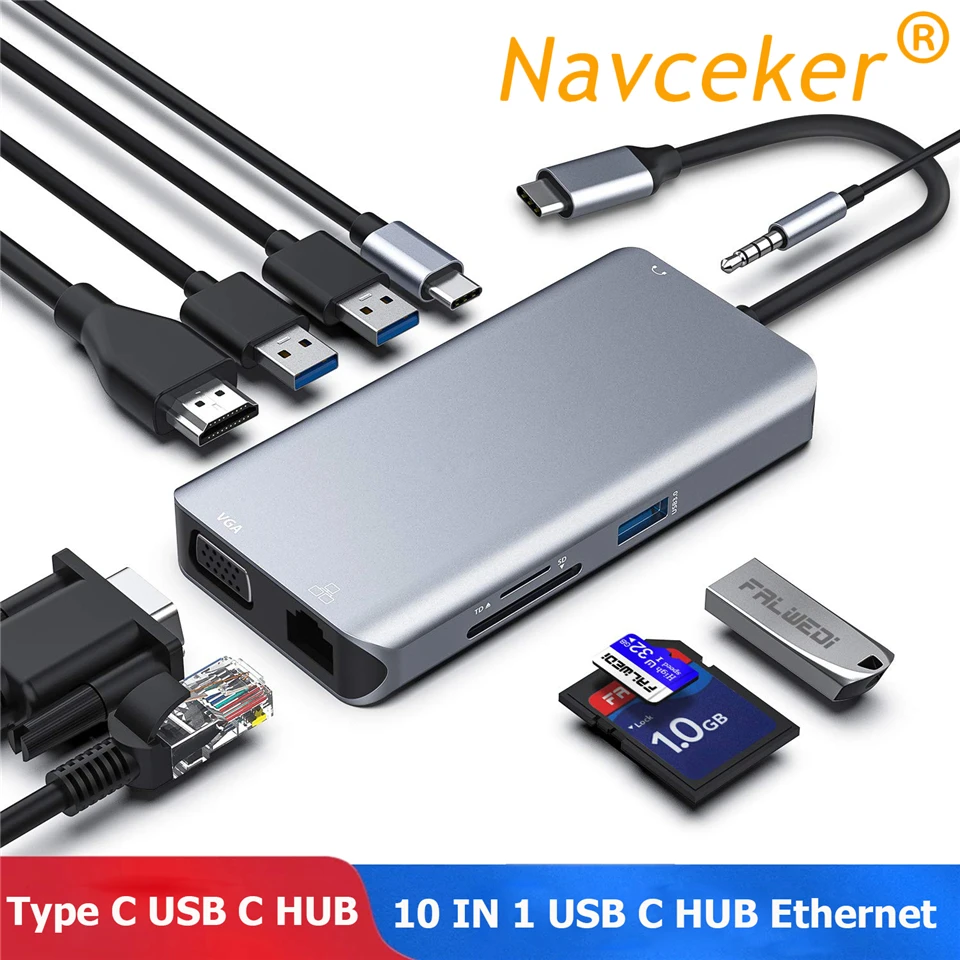 

2022 USB Hubs 10 in 1 USB C Hub With 4K HDMI USB 3.0 Port SD/TF Card Reader VGA RJ45 Gigabit Ethernet Type C HUB For Macbook Pro