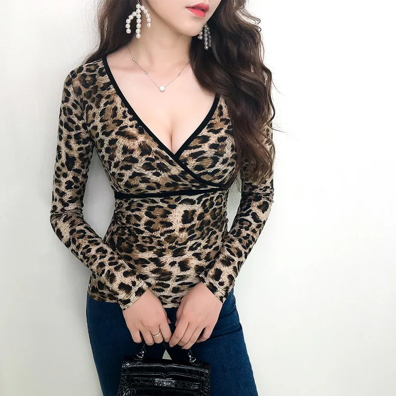 spring sexy style Low-cut Women's Clothing leopard Slim t shirts long sleeve fashion brands corset club tees v-neck new | Женская