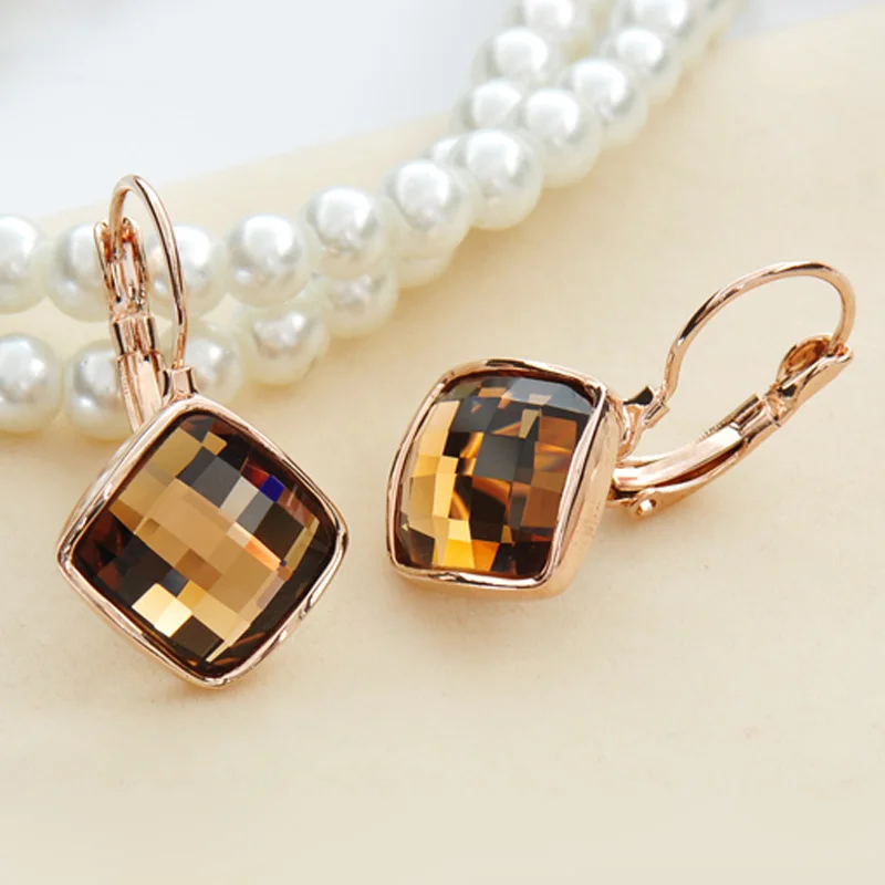 Women's Gift: Square Crystal Earrings in Rose Gold with Brown, Blue, Green, Purple, and Red Geometry by MOONROCY image 4