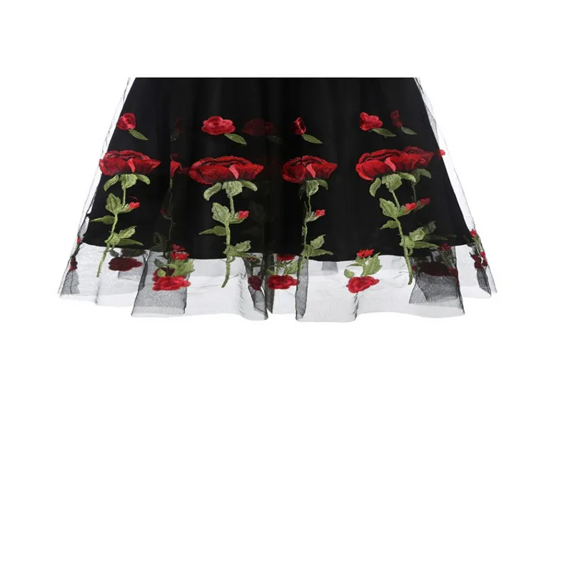 Rose Embroidery Vintage Dress Slash Neck Short Sleeves Wrap High Waist Swing 60s Retro Vestidos Black Mesh Party | Женская одежда