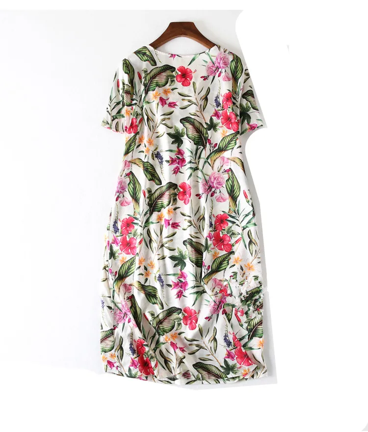 Women Summer Silk Dress O neck plus size Vintage Natural silk dresses floral Elegant Casual real Knee Length dress | Женская одежда