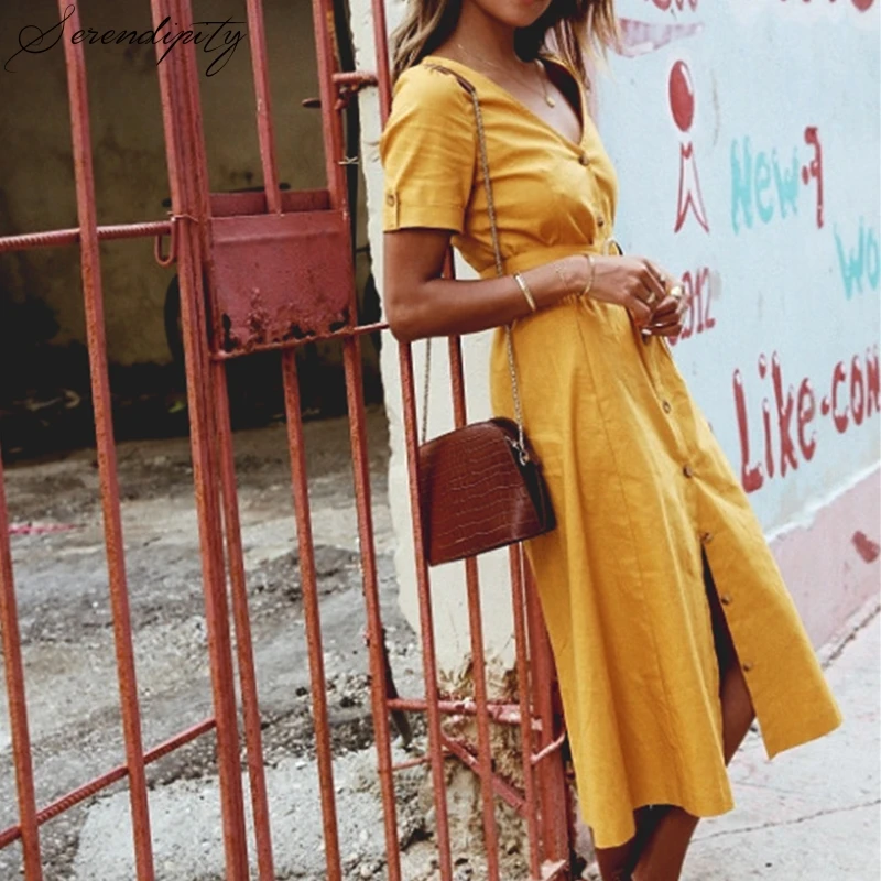 Женское платье-трапеция SRDP желтое Повседневное платье средней длины с