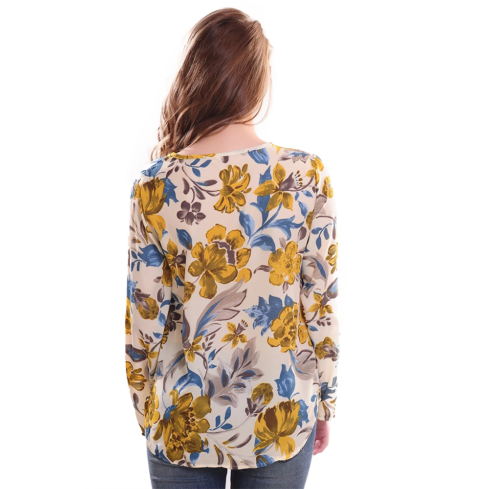 Новинка 2016. Женская блузка из шифона. Рисунок -цветы длинный рукав V-образный