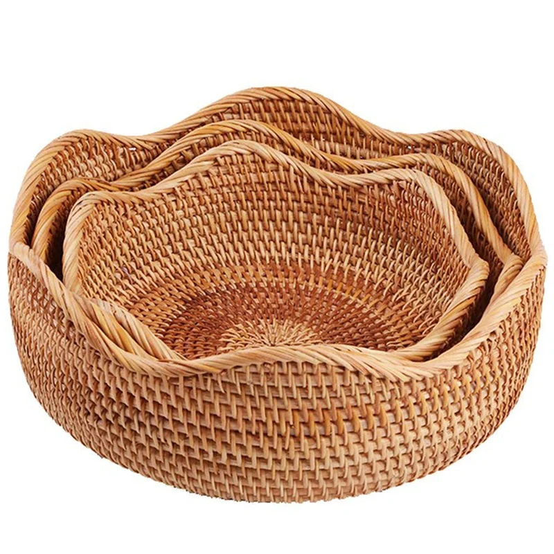 Storage fruit basket Ручной работы из ротанга круглая корзина для фруктов из Еда хранения кухонные чаши Органайзер закусок чаша(3-Размеры комплект - Цвет: Storage fruit basket
