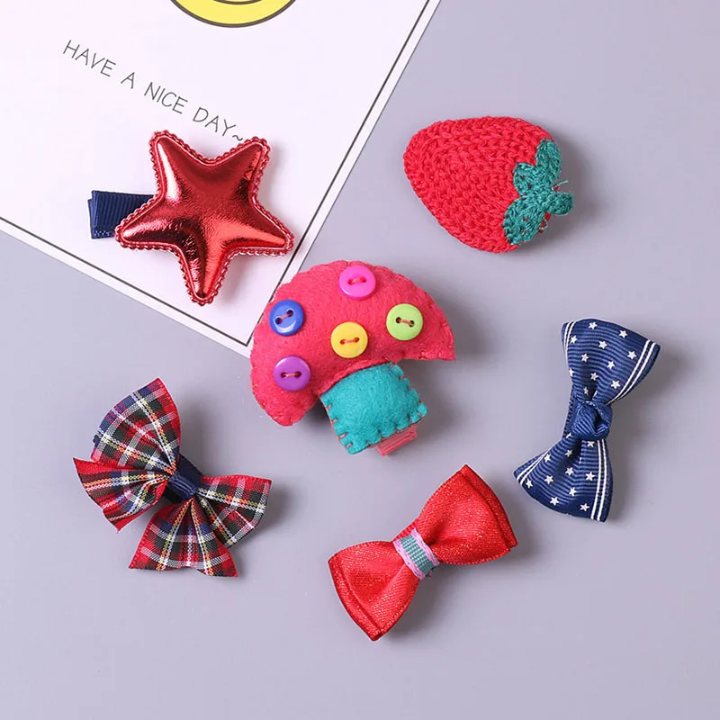 6 pcs red Заколка для волос для маленьких девочек; детская корона с бантом; шифоновые Мультяшные зажимы для волос; заколки с помпонами; эластичная резинка для волос - Цвет: 6 pcs red