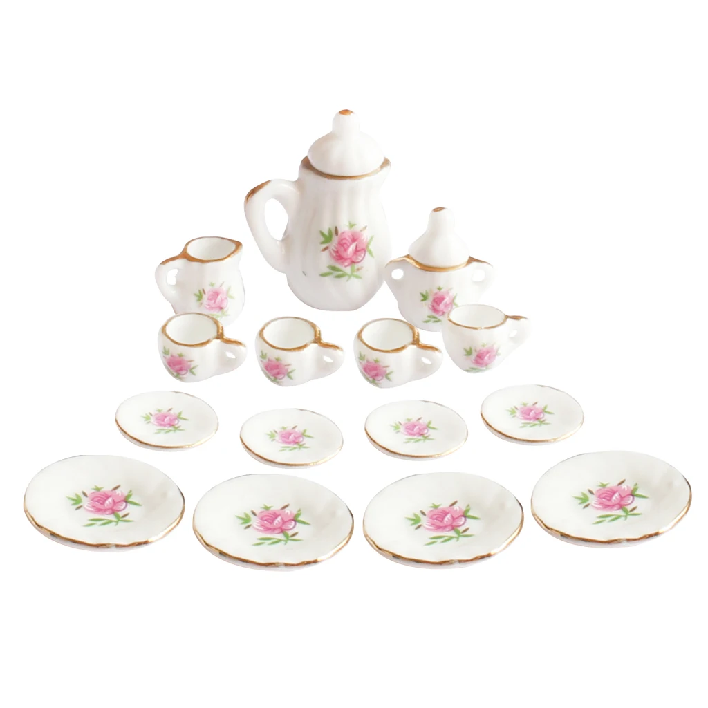 Pink Rose Magideal 15 шт./лот кукольный домик миниатюрная столовая посуда фарфоровый чайный набор для кукол Дом Кухня Декор для гостиной игрушечная мебель - Цвет: Pink Rose