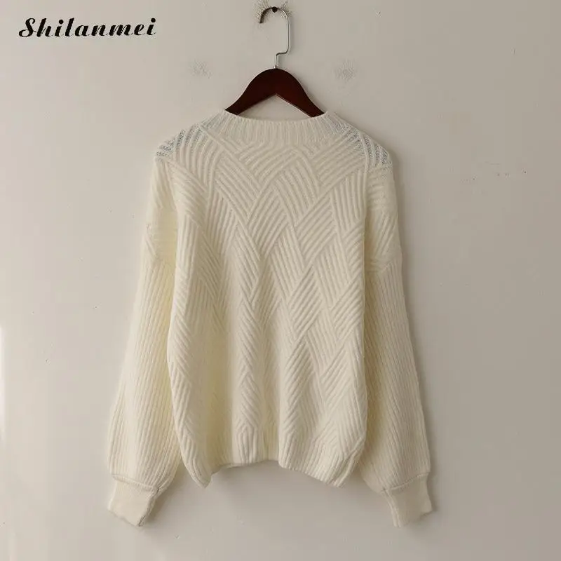 2018 Winter Autumn Oversized Knitted Cashmere Sweater Women Lantern Sleeve Thicken Pull Femme Causal Slim Jumper Tops | Женская одежда