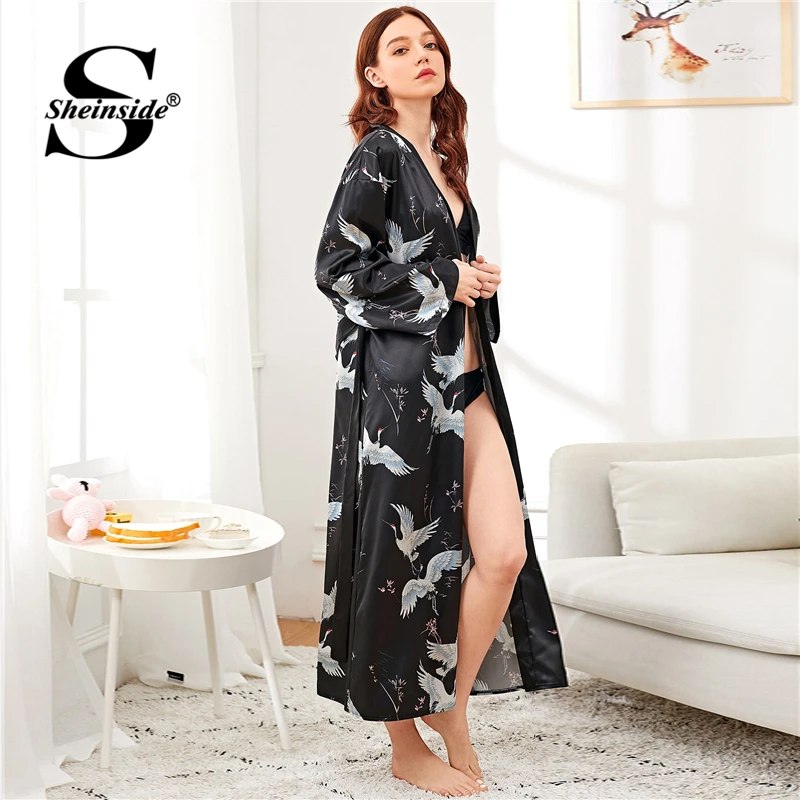 Sheinside, атласный длинный халат с принтом Журавля, женская ночная рубашка с v-образным вырезом, Дамская пижама, ночные рубашки для женщин, черный халат для сна и отдыха