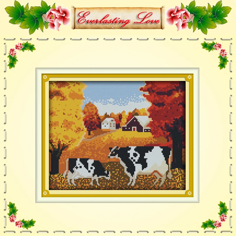 Осень коров пейзаж мультфильм декор живопись вышивки крестом DMC 14CT 11CT