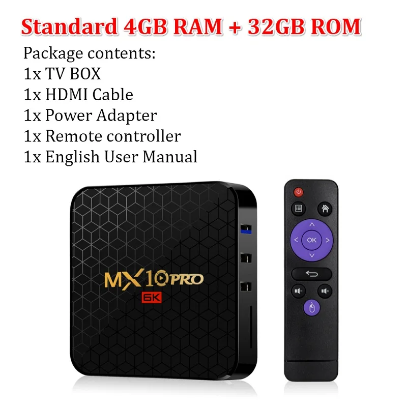 Only 4G 32G T ТВ коробка MX10 Pro Android ТВ коробка 4 Гб оперативной памяти, 32/64GB Android 9,0 ТВ коробка Allwinner H6 4 ядра с разрешением 4K HDR 2,4 ГГц WI-FI USB 3,0 ТВ комплект компьютерной приставки к телевизору - Цвет: Only 4G 32G