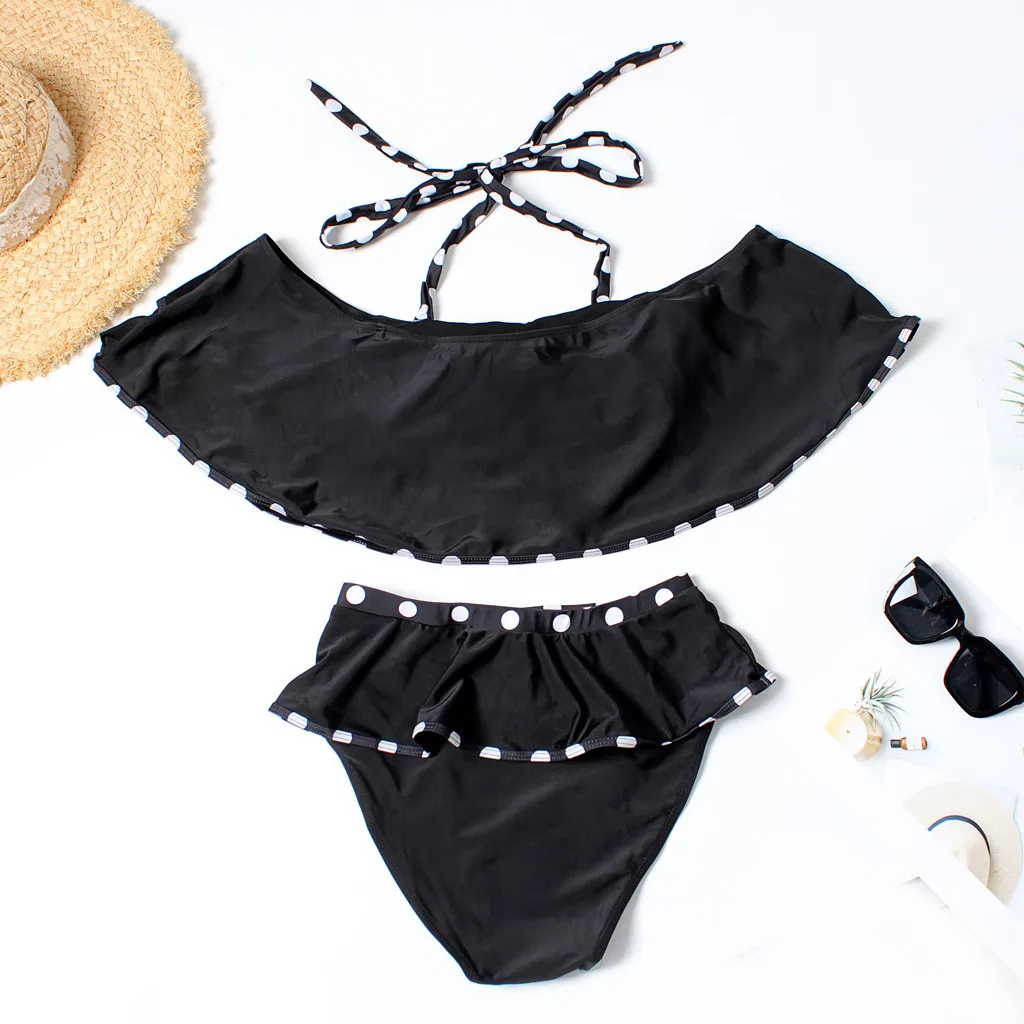 Женский купальный костюм размера плюс с черными оборками монокини подкладкой