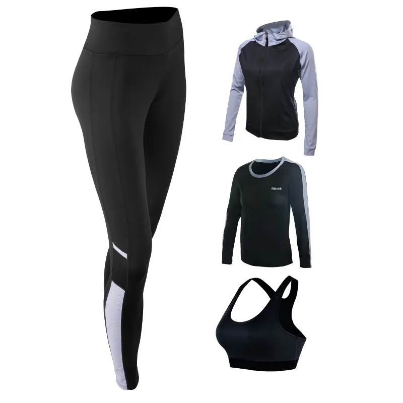 Sport Suit Women Yoga Set Solid Color Long Sleeve Zipper Jacket+Shirt+Bra+Pants Leggings Fitness Sportswear Gym Workout Clothes | Фитнес и
