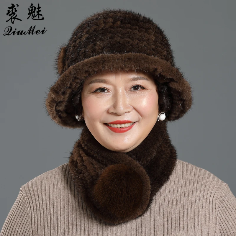 

Winter Genuine Mink Fur Bucket Cap Hats & Fox fur Ball Scarves Set Knitted Women Warm Natural Mink Fur Caps Scarf Set Party Gift