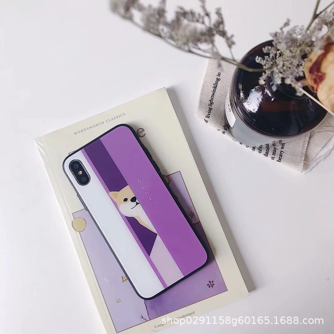 Toughened anti falling new glass mobile phone case purple dog explosion proof for iphone 7/8/6splus/X full bag |