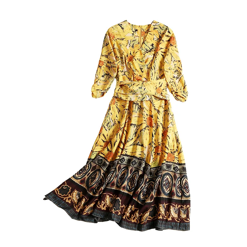 Летние женские принт шифоновое платье Винтаж v образным вырезом рукав &quotлетучая