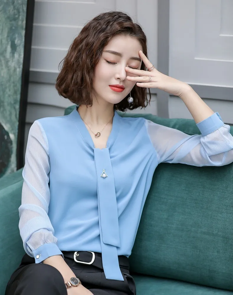 Женские шифоновые блузки и рубашки деловые Топы синего цвета для работы одежда