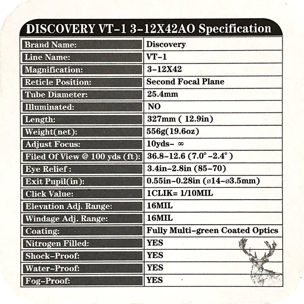 Тактический Оптический прицел DISCOVERY Optics VT 1 PRO 3 12X42AO для наружного охотничьего
