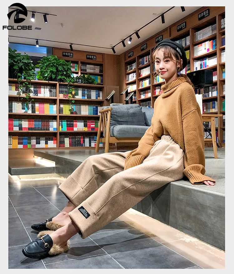 

FOLOBE New Fashion Autumn Winter Women Woolen Trousers Wide Leg Pants Elastic High Waist Female Casual Loose Wool Warm Pant