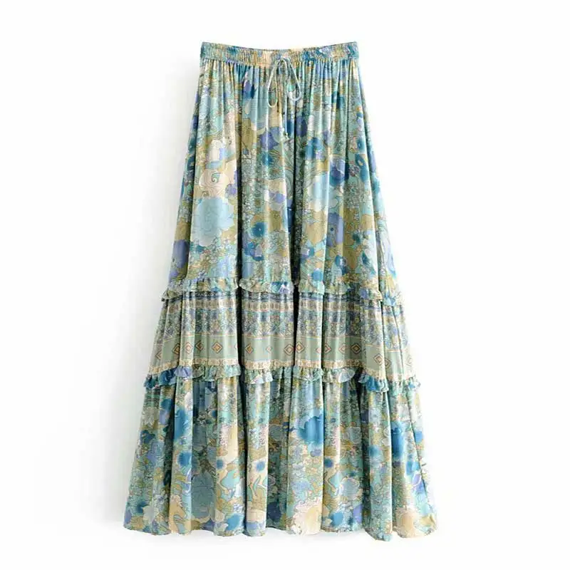 Boho аметистовая юбка макси, многослойная Стильная летняя юбка с оборками, Женская юбка с эластичной талией, Цыганская юбка Бохо, длинная, новинка, faldas, пляжная одежда