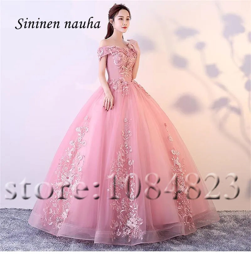 Розовые бальные платья Quinceanera с рукавами и открытыми плечами аппликацией Vestidos De 15
