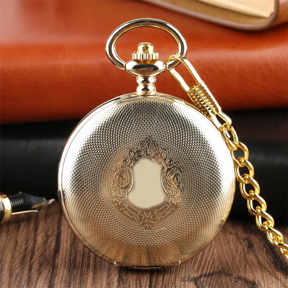 

Golden Mirror Design Full Hunter Mechanical Hand Winding Pocket Watch Roman Numerals Dial Luxury Retro Souvenir Clock Gifts