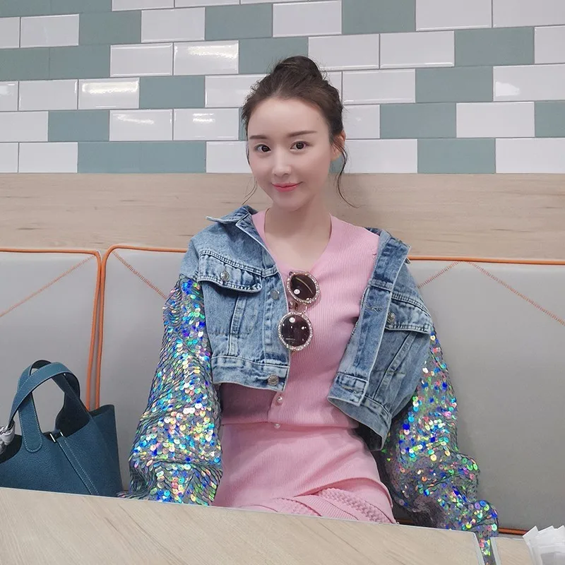 CHICEVER/Осенняя джинсовая куртка для женщин короткая женская Лоскутная с длинными