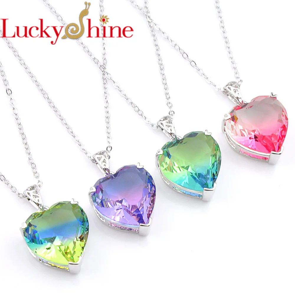 

Luckyshine 4 шт/лот Рождественский подарок цветное сердце BI-COLORED турмалин кристалл Циркон Серебряный Модный кулон ожерелье Размер 16*16 мм