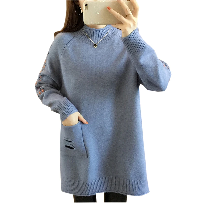 

Winter Loose Women Sweaters Female Half Turtleneck Knitted Print Flower Thicken Jumper Sweater Casual Pullovers Sweaters FP1761