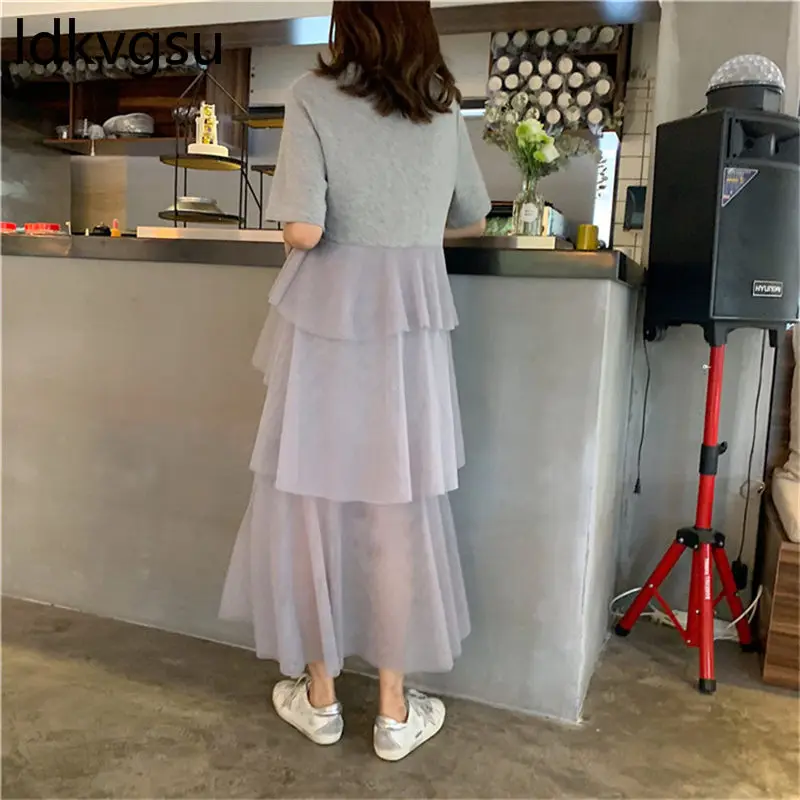 Summer Dresses Women 2019 Casual Fashion Splice Mesh Irregular Cake Dress Female O-neck Short Sleeve Mujer Vestidos f102 | Женская
