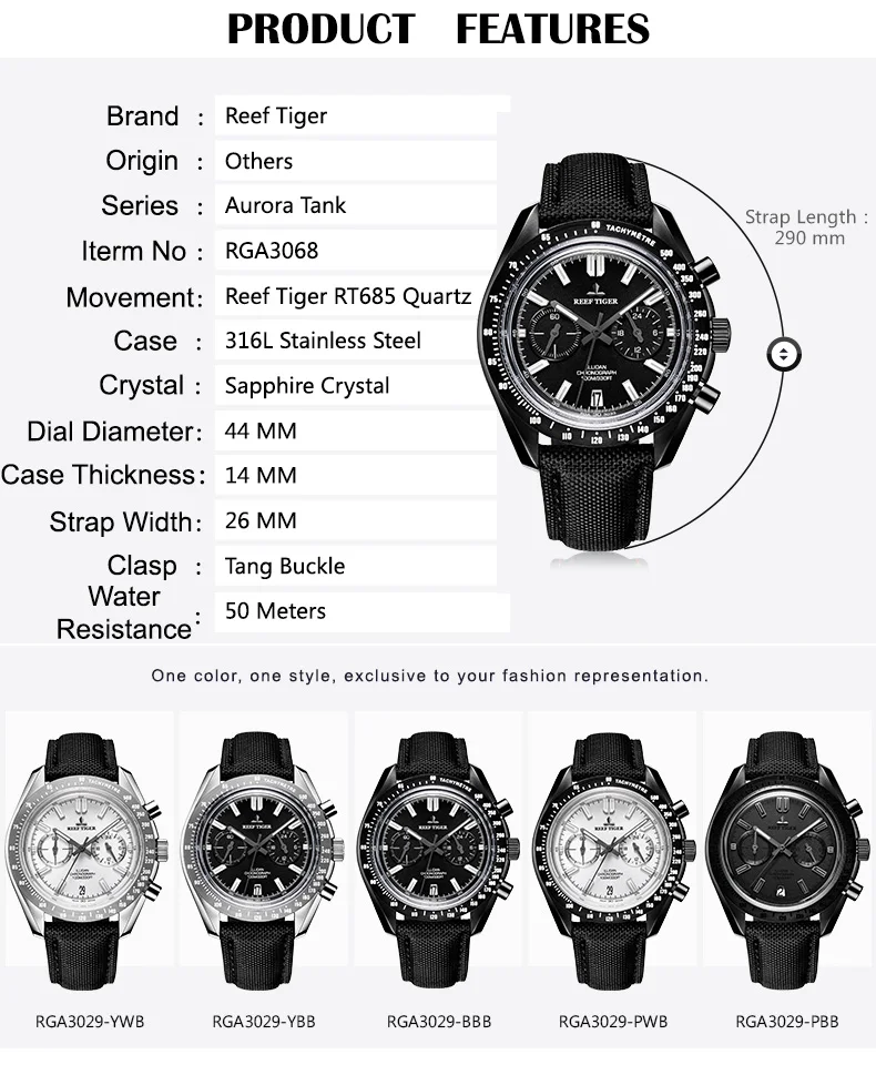 Reef Tiger/RT мужские дизайнерские спортивные часы из телячьей кожи, светящиеся водонепроницаемые часы с хронографом, мужские часы Relogio Masculino+ коробка RGA3033