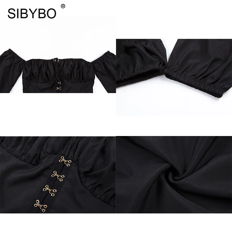 Sibybo, с открытыми плечами, без бретелек, Сексуальная футболка, женская, с длинным рукавом, однобортная, тонкий, кроп-топ, для женщин, с открытой спиной, летние, женские топы
