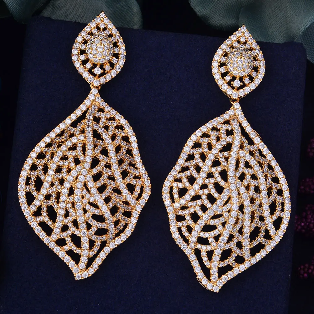 Женские серьги GODK 68 мм роскошные с пустотелым листом и фианитом|earrings fashion|women fashion