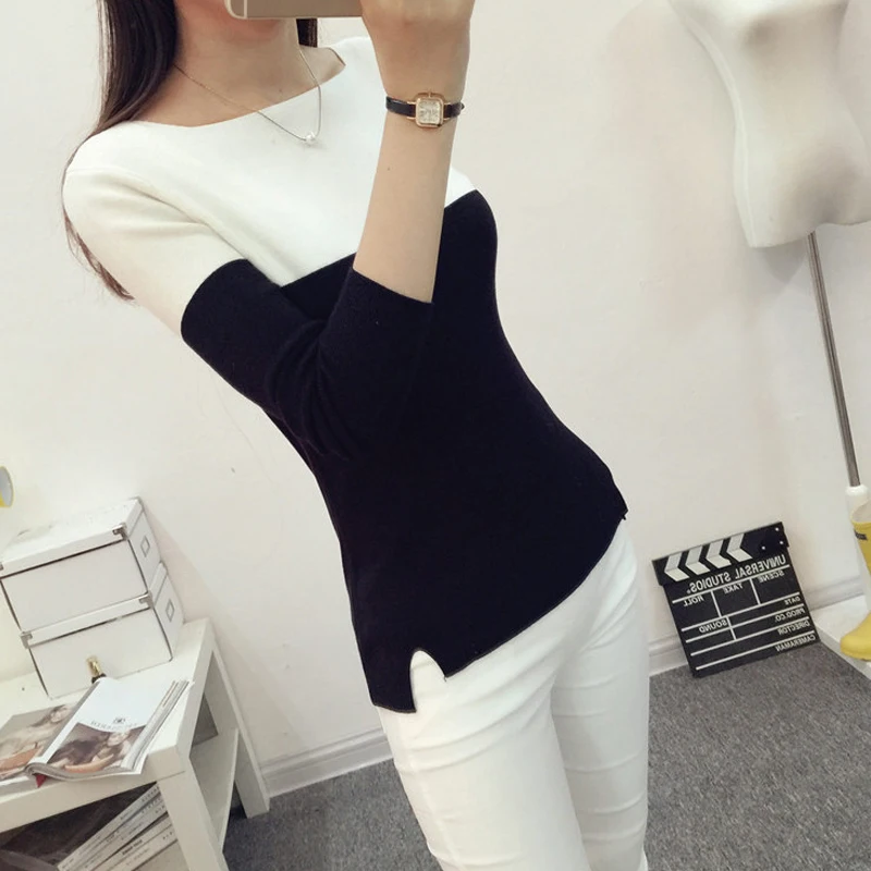 2018 Spring And Autumn Winter Women's Sweater Long-sleeved Splicing Word Collar Pullover Soft Warm Short Section Fashion | Женская