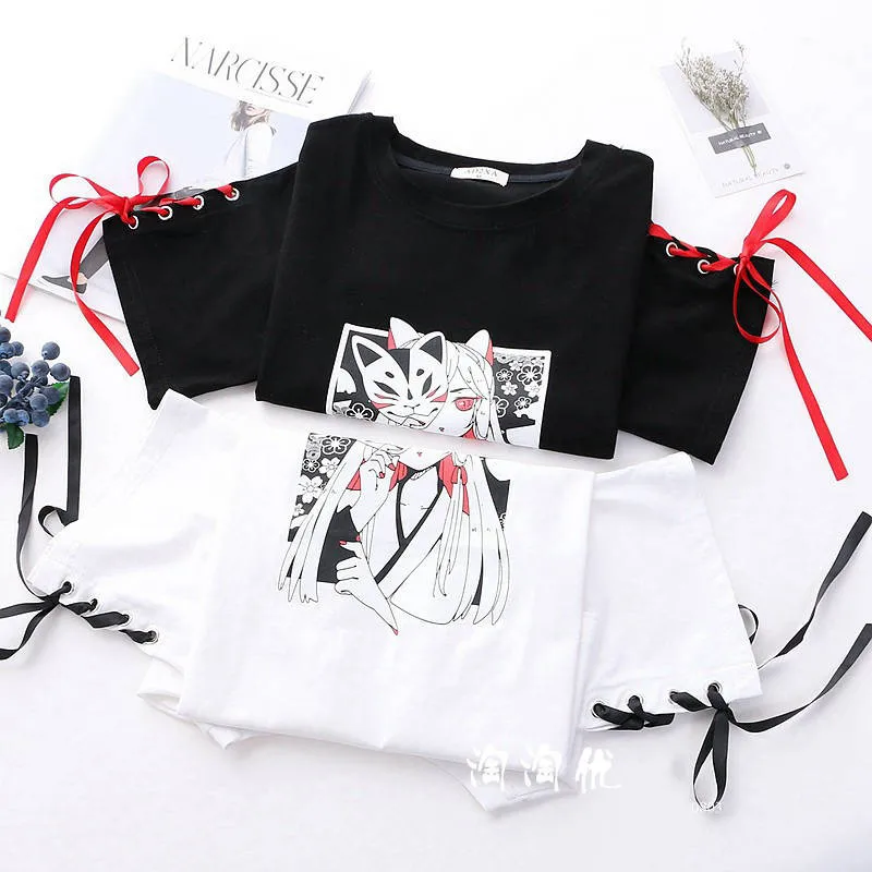 Летняя Корейская женская длинная футболка Ulzzang Kawaii, японский стиль Харадзюку, модные повседневные футболки с героями мультфильмов, женские шикарные винтажные футболки