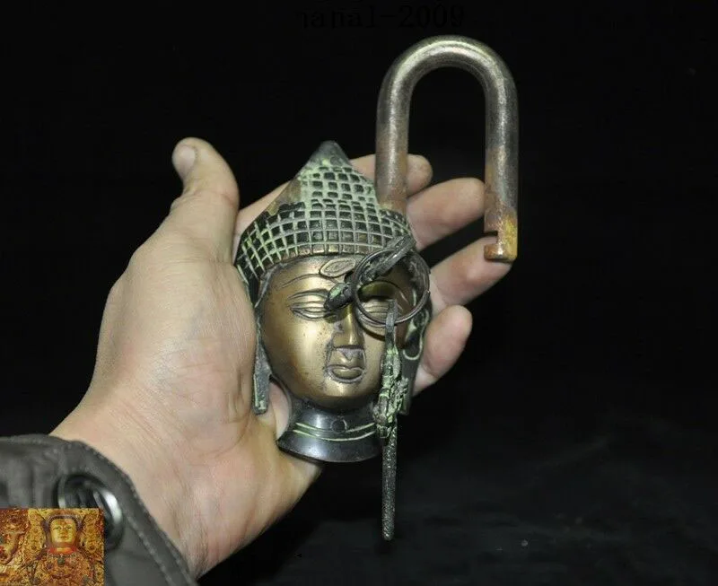 

wedding decoration 6"Old Tibetan Bronze Shakyamuni Buddha head Temple gate PADLOCK KEY Lever Lock