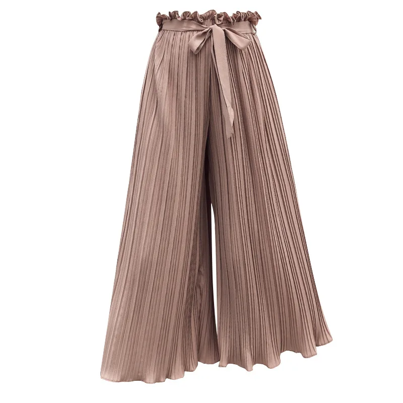 

2019 Summer Fall Wide Leg Pants Female High Waist Chiffon Cropped Pants Loose Ruffled Drape Pleated Pants