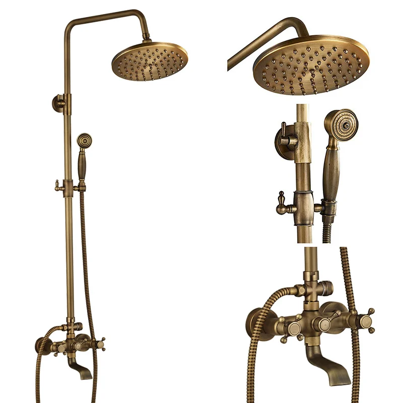 Настенный смеситель для ванны и душа, латунный античный душевой набор для ванной комнаты, двойная ручка для душа, 360 Вращающийся носик