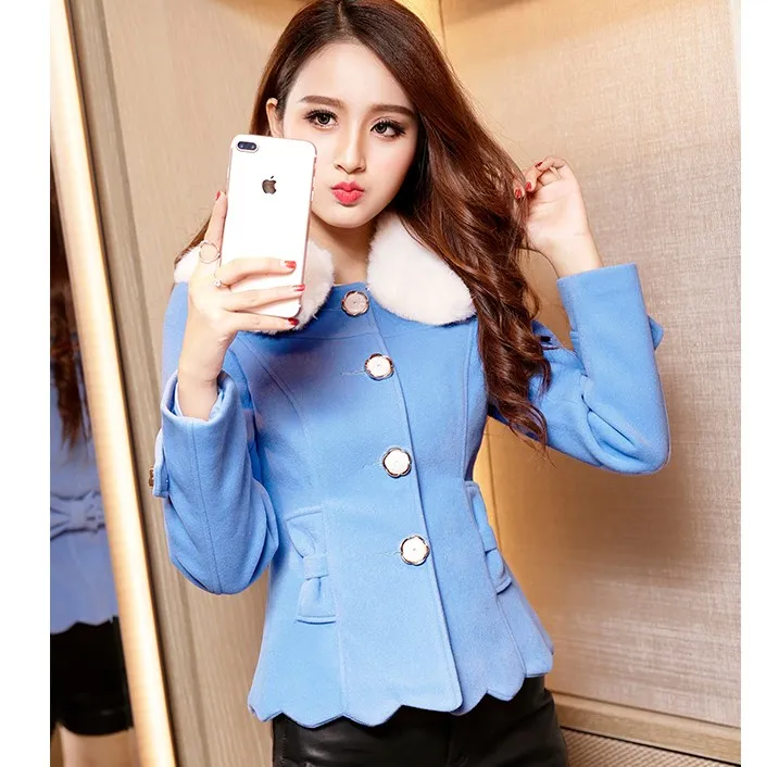 Blue coat Зимнее женское пальто, розовое шерстяное пальто, хорошее качество, меховой воротник, бант, тонкое короткое пальто, верхняя одежда, длинный рукав, chaqueta mujer C91391 - Цвет: Blue coat