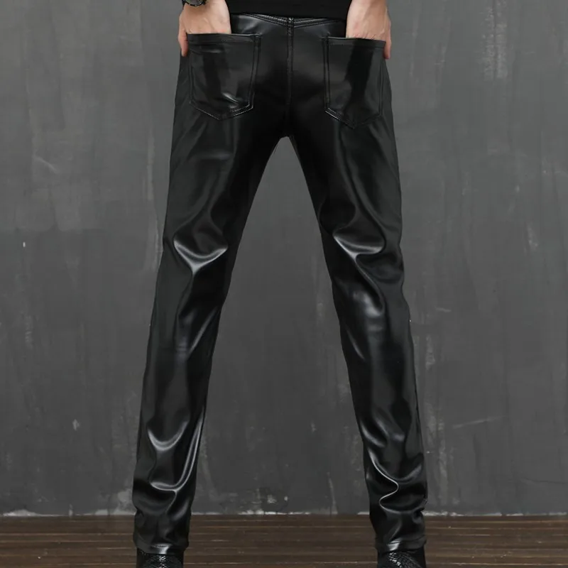 

New Arrival Winter Personality Pu Leather Pants Men Sexy Night Club Slim Fit Skinny Male Trousers Stretchy Pencil Pants