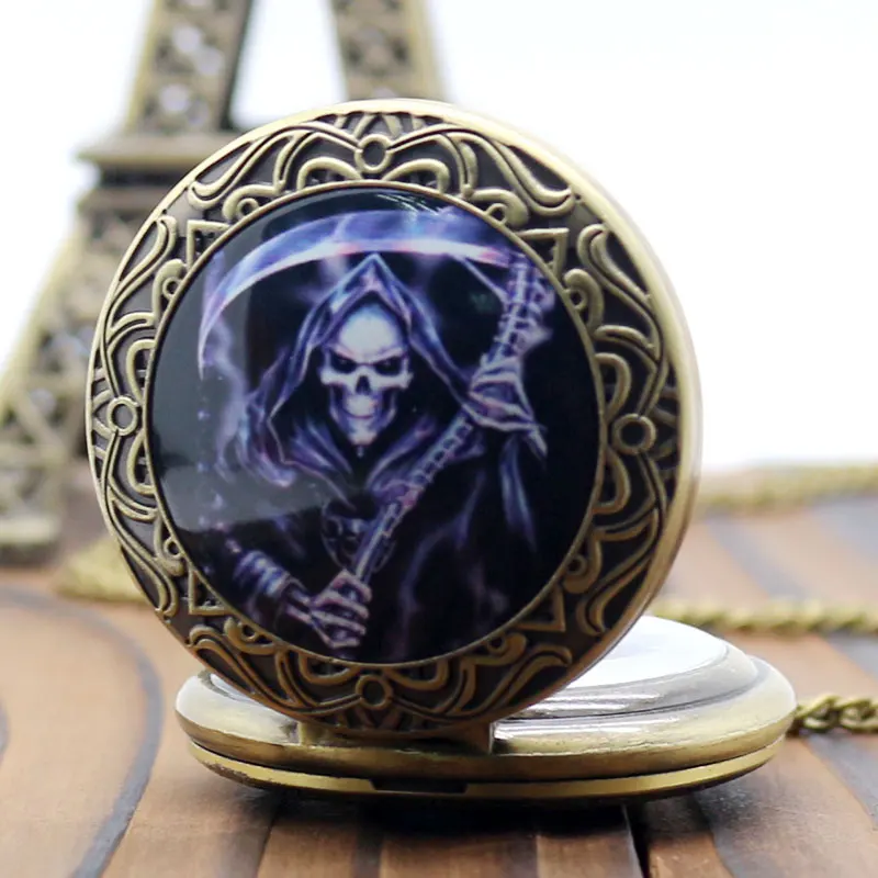 

Cool Death Design Pocket Watch Dead Theme Bronze Fob Watch With Chain Necklace For Gift