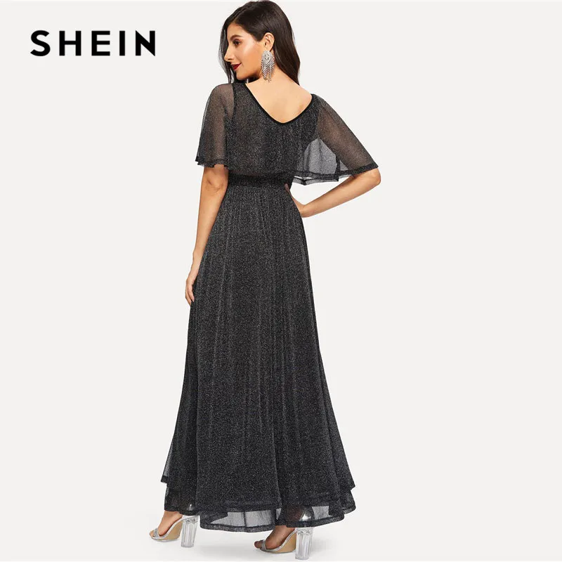 SHEIN Блестящее Расклешенное Платье С Высокой Талией Женское Черное Элегантное Платье Макси С Короткими Рукавами