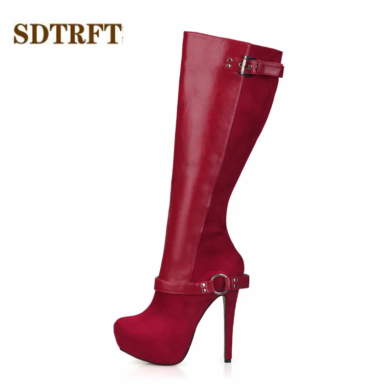 SDTRFT/весна-осень; botas mujer; зимние сапоги до колена на тонком каблуке 14 см; пикантная обувь; женские замшевые свадебные туфли-лодочки с пряжкой - Цвет: Красный