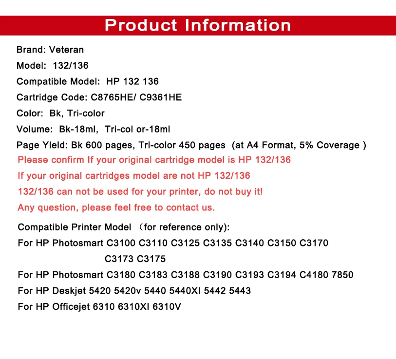 Совместимый чернильный картридж Veteran 132 замена для принтера hp Photosmart C3100 C3183 C3150 PSC