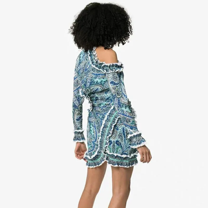2019 New Sexy Fashion Women Hollow Out Waist Long Sleeve Ruffled Stitching Irregular Print O Neck Straight Omighty Midi Dress | Женская