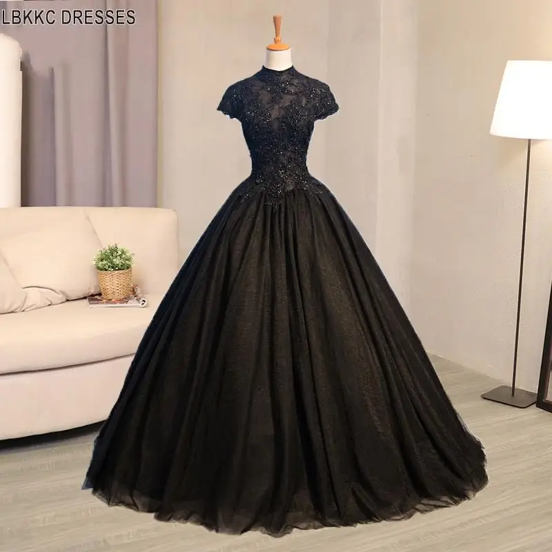 Высокий воротник кружева черные Выпускные платья 2019 Тюль бальное платье Бальные