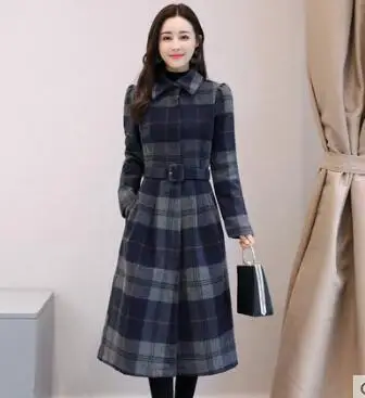 Navy blue Новая осенняя/зимняя клетчатая Женская шерстяная куртка пальто элегантное темпераментное женское длинное пальто зимнее теплое шерстяное Женское пальто - Цвет: Navy blue
