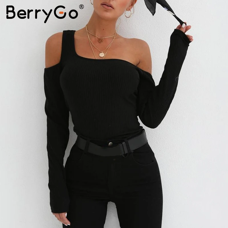BerryGo с открытыми плечами красный вязаный женский свитер 2018 длинный рукав