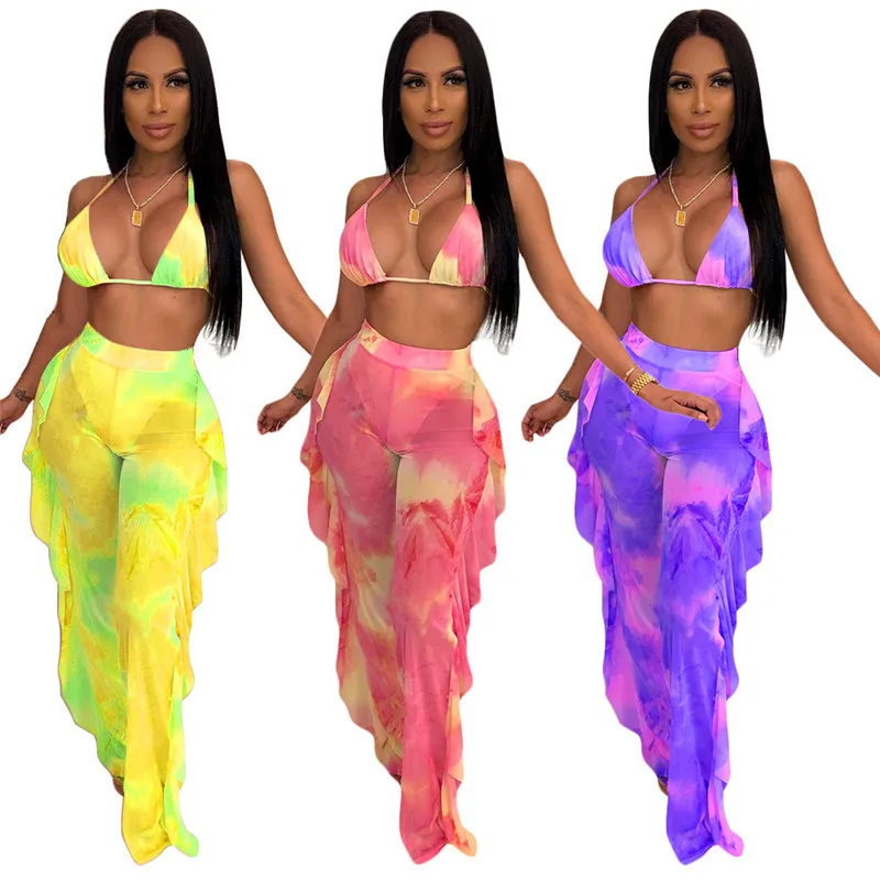 Женский летний комплект из 2 предметов Tie Dye топ с V образным вырезом и оборками
