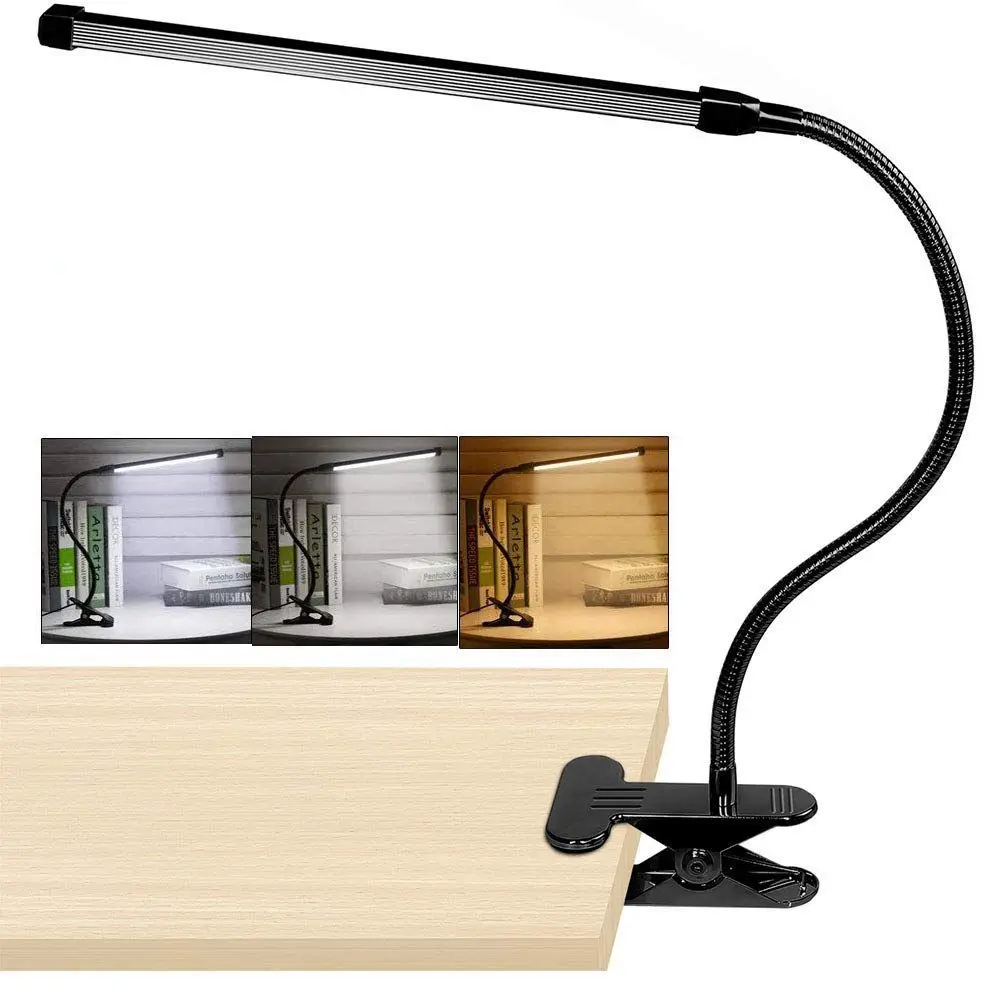 Светодиодная настольная лампа с зажимом, офисный светильник на зажиме, 3 режима, кабель 2 м, диммер, 10 уровней, длинная ручка, крепление на зажиме, 8 Вт