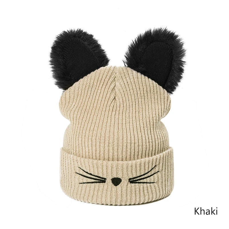 Зимняя женская Повседневная шапка с котом, теплая мягкая шапка Skullies Beanies, крутая Кепка для женщин, Кепка для мальчиков и девочек - Цвет: Khaki